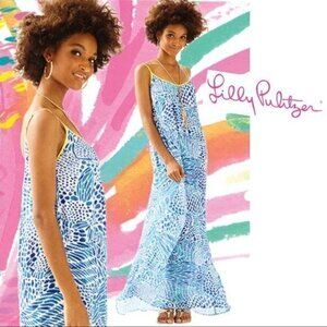 Lilly Pulitzer Maxi Dress XXS XS Blue White Sleeveless Yellow Kendra Scoop Sheer